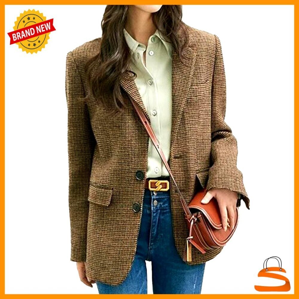 Wool Blend Plaid Blazer Classic Slim Fit Business Work Jacket Fall Winter